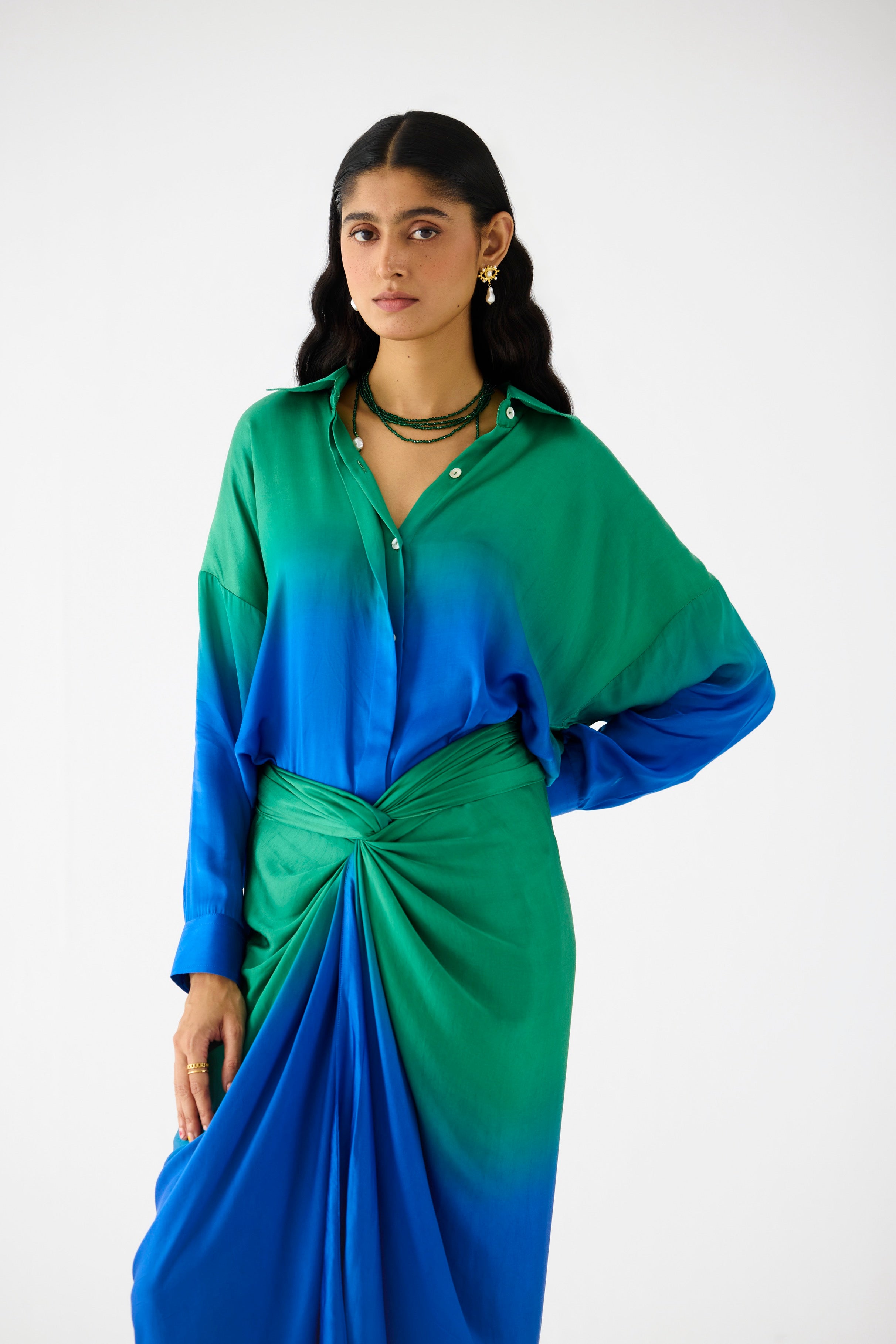 EMERALD DRAPED SHIRT DRESS