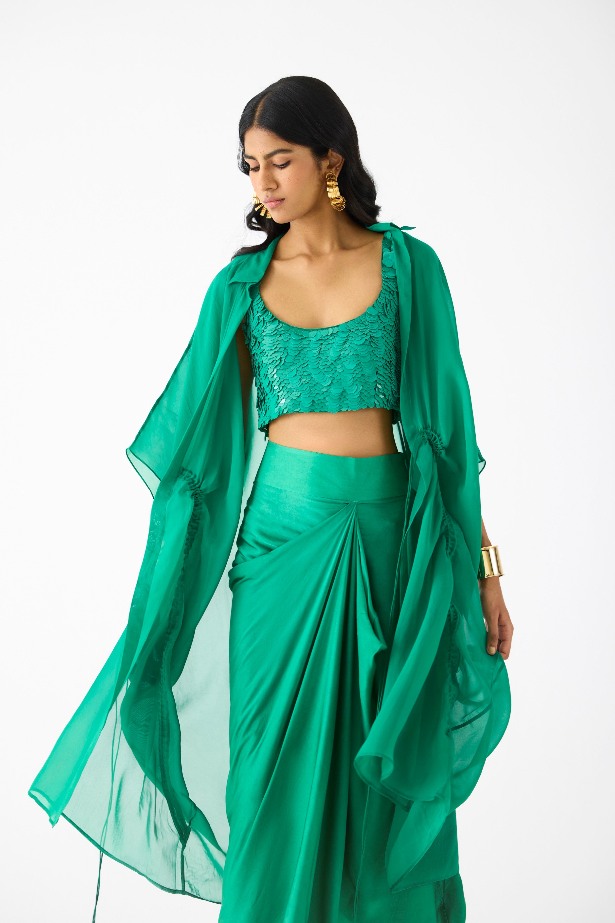 EMERALD SEQUIN BLOUSE WITH KNOT SKIRT