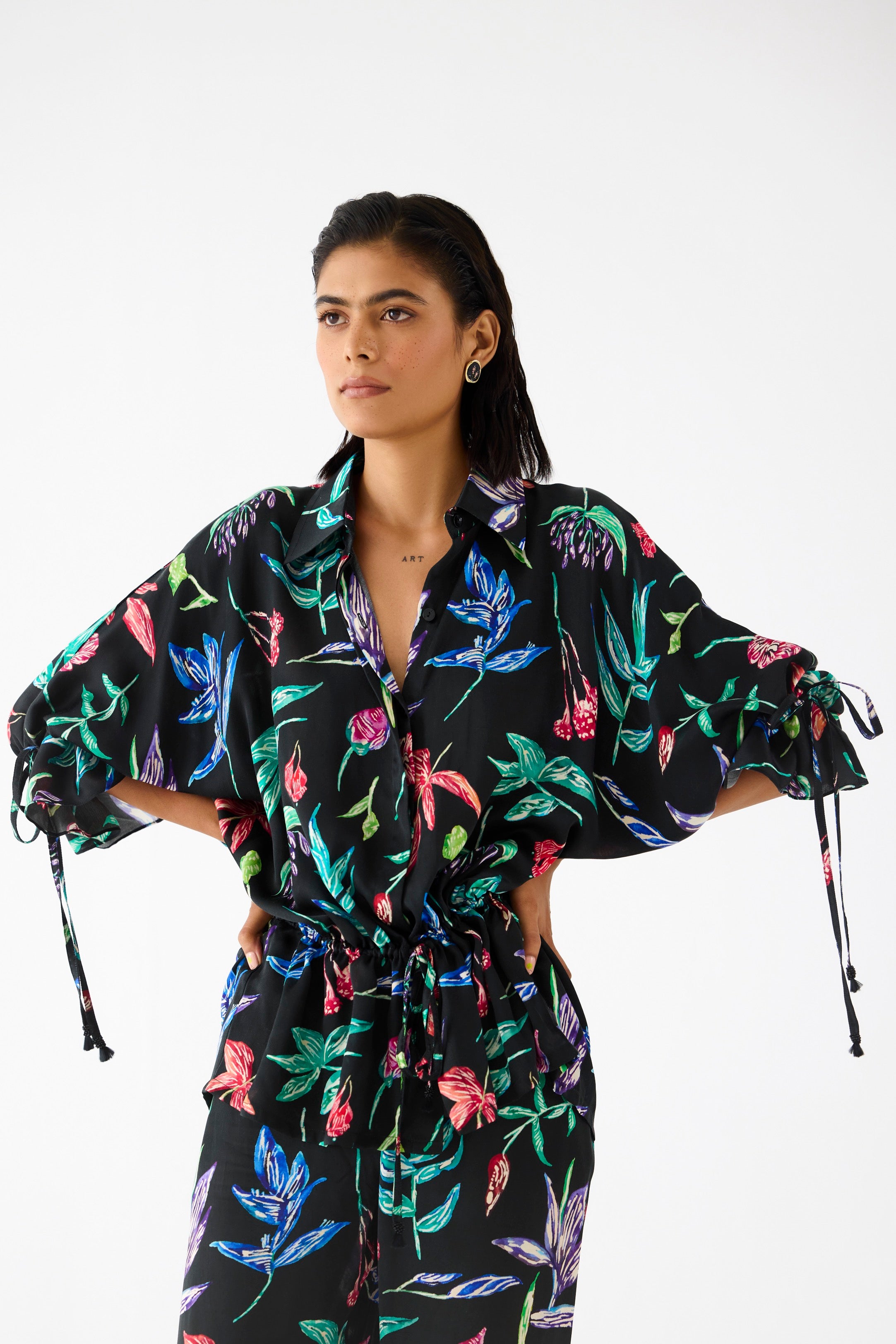 BLACK BOTANICA DRAWSTRING SHIRT AND TROUSERS CO-ORD