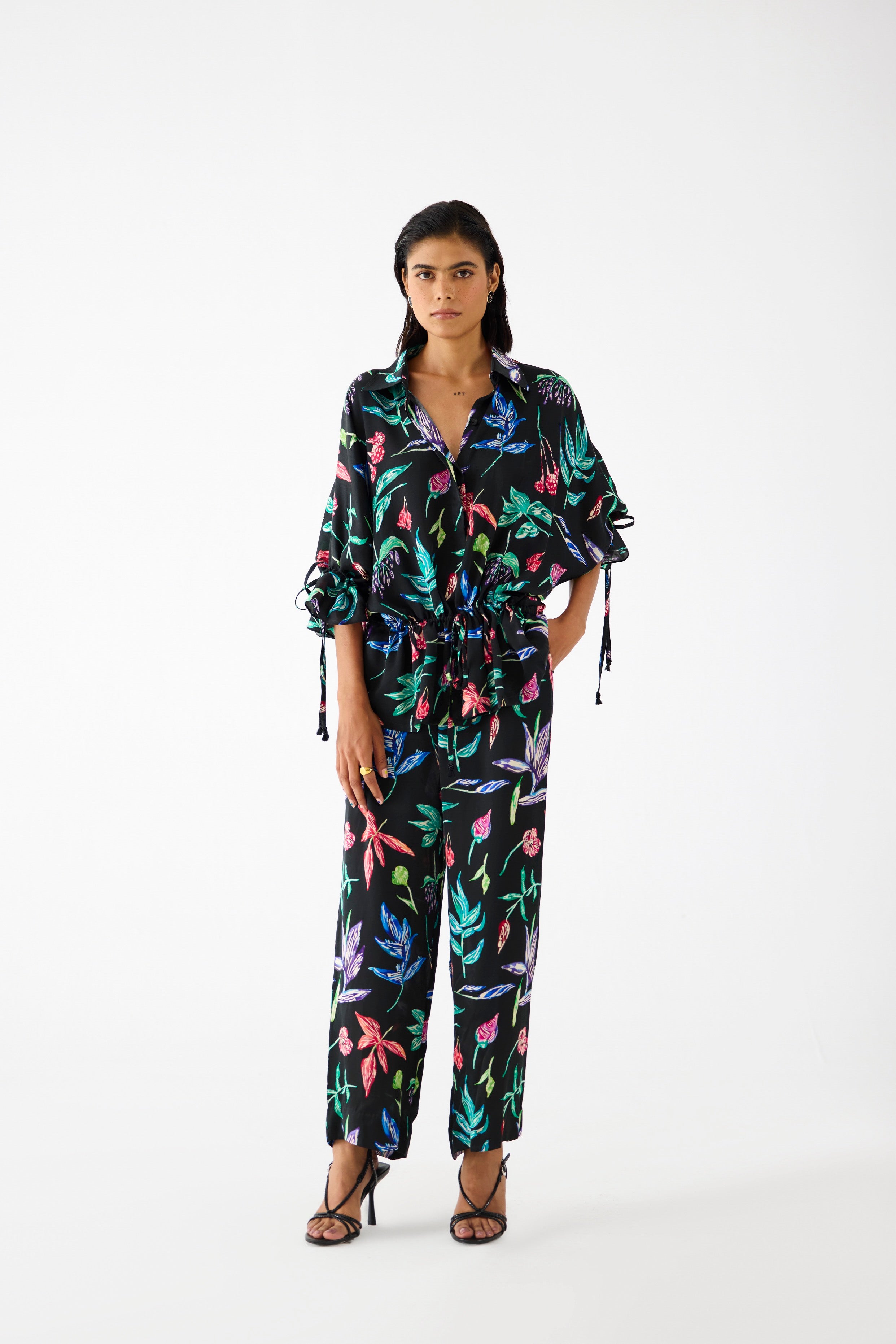 BLACK BOTANICA DRAWSTRING SHIRT AND TROUSERS CO-ORD